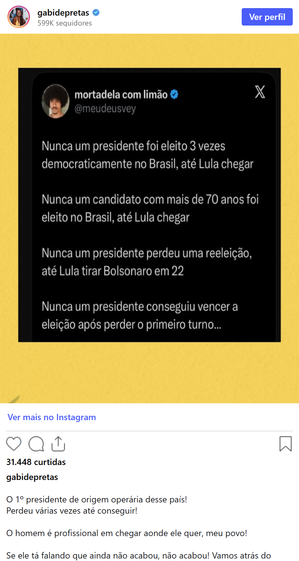 Print arquivado do post de Gabi de Pretas em 05/10/2026