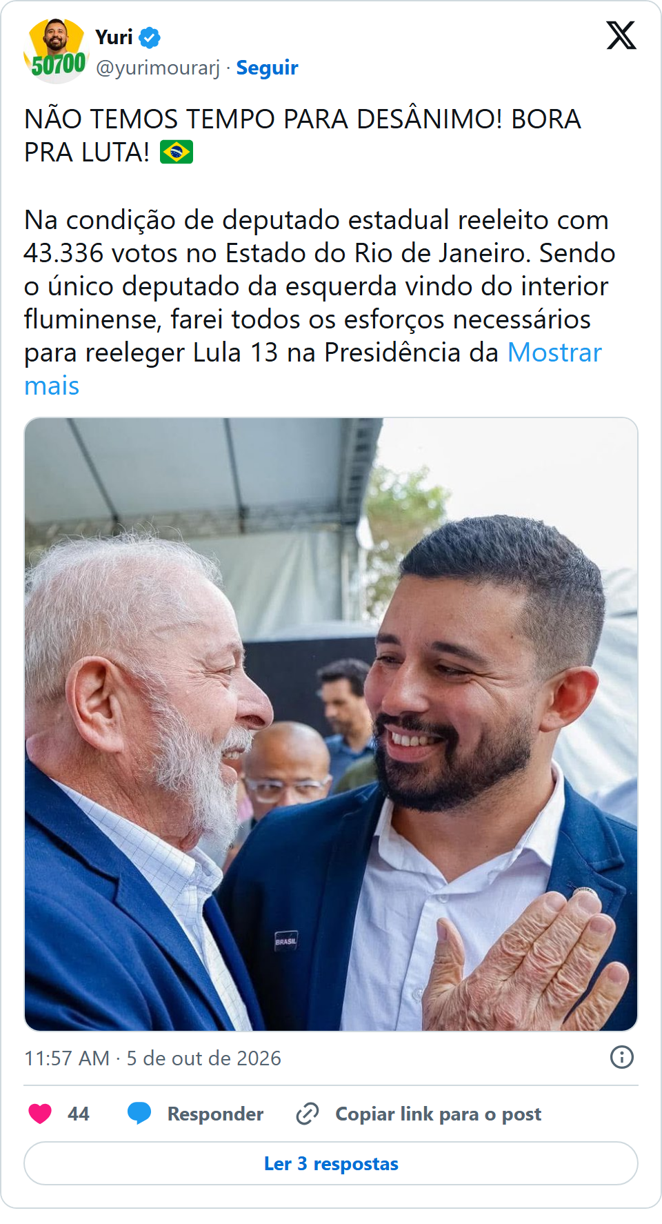 Print arquivado do post de Yuri Moura em 05/10/2026