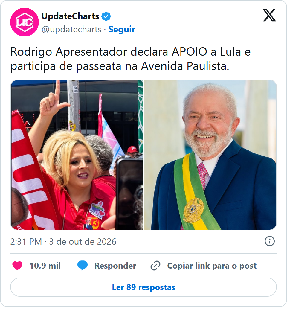 Print arquivado do post de Rodrigo Apresentador em 03/10/2026