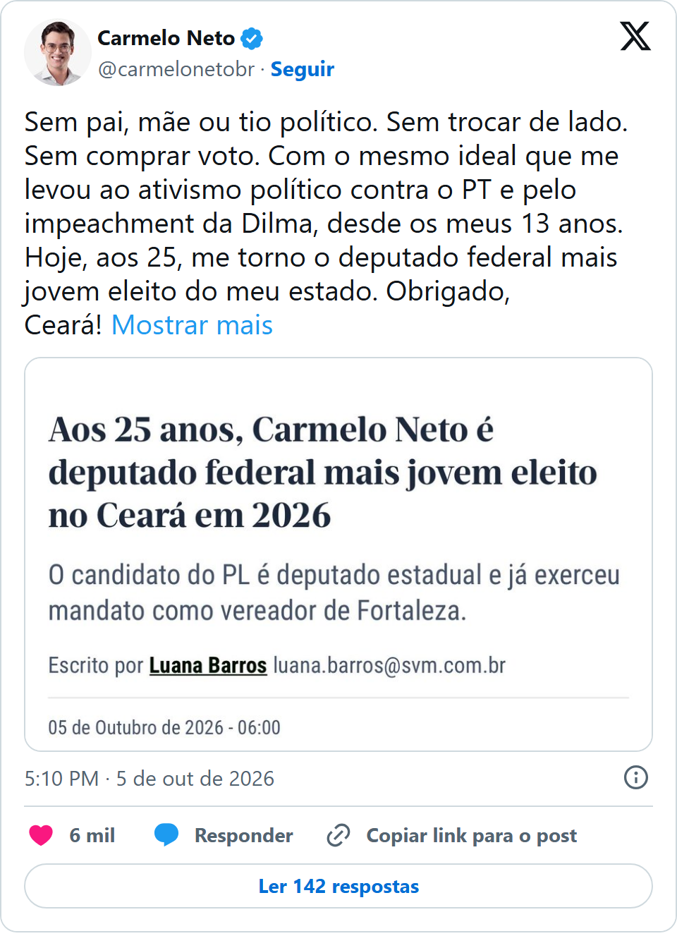 Print arquivado do post de Carmelo Neto em 05/10/2026