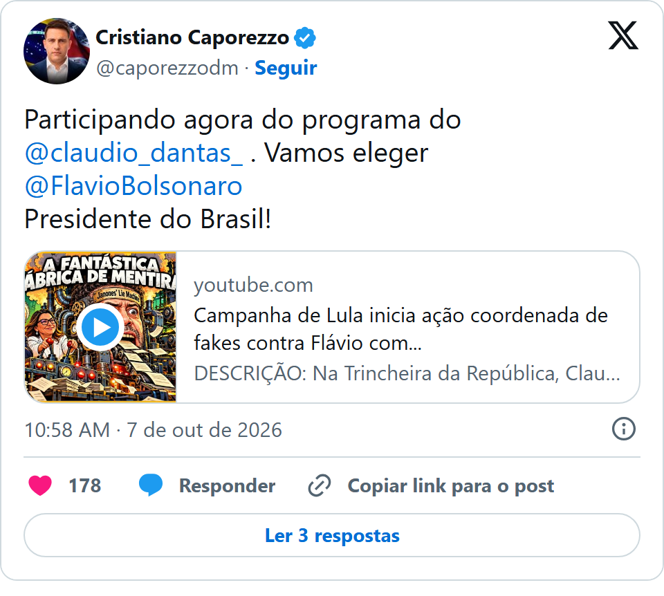 Print arquivado do post de Caporezzo (PL-MG) em 07/10/2026
