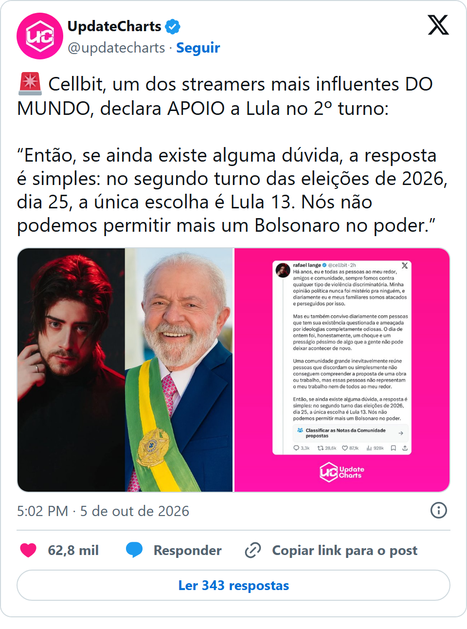 Print arquivado do post de Cellbit (Rafael Lange) em 05/10/2026