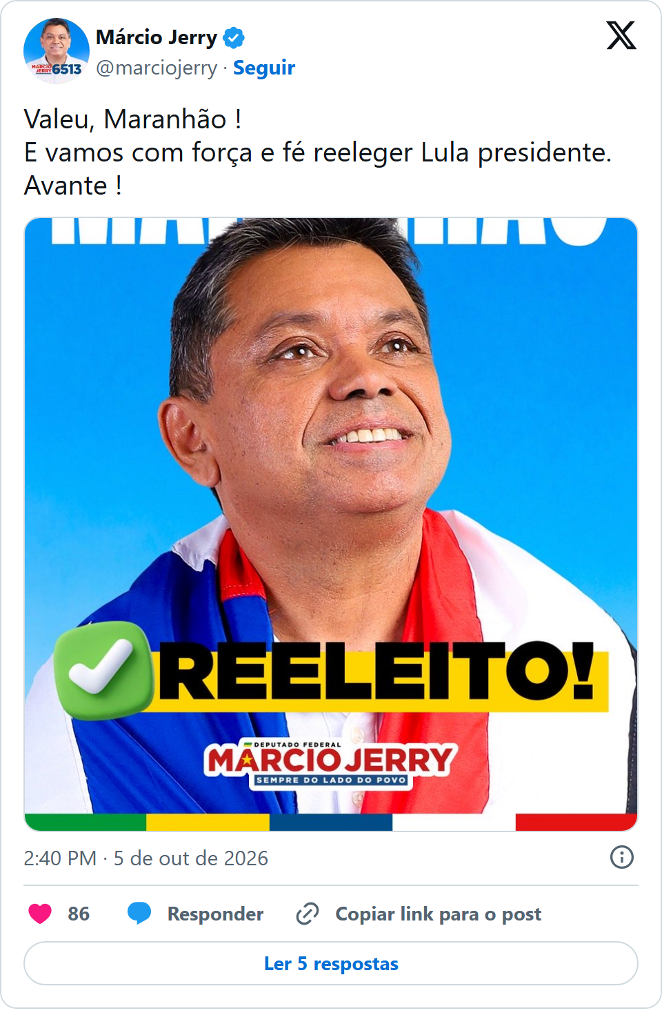 Print arquivado do post de Márcio Jerry em 05/10/2026
