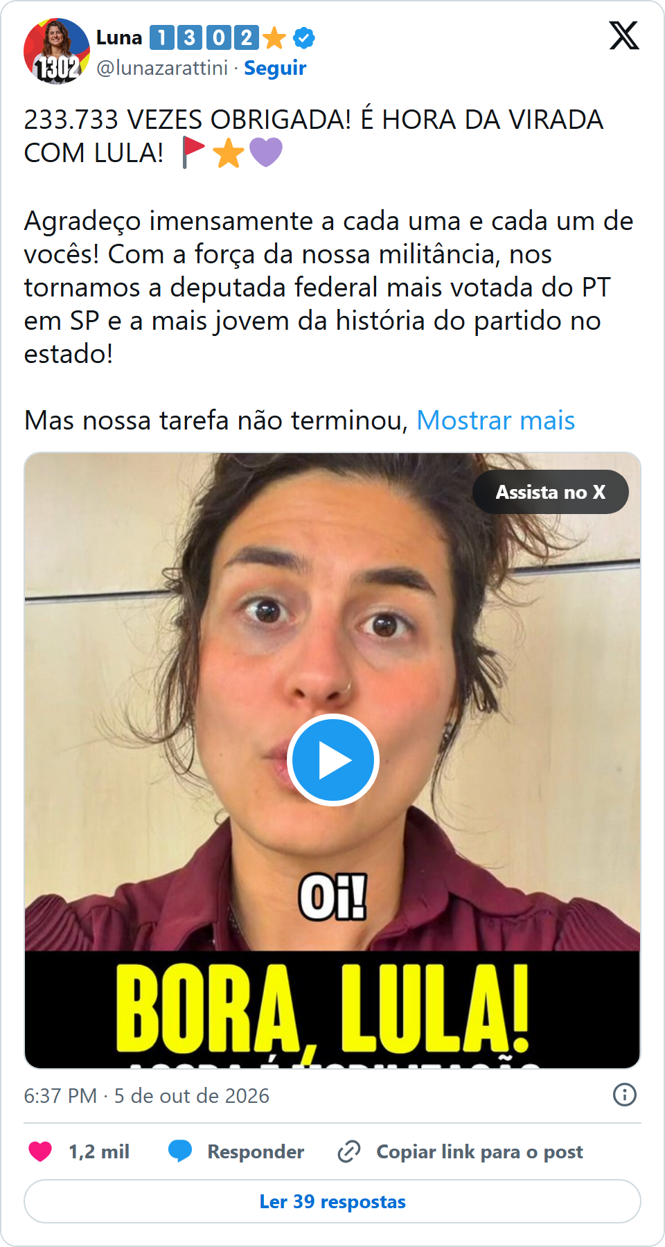 Print arquivado do post de Luna Zarattini em 05/10/2026