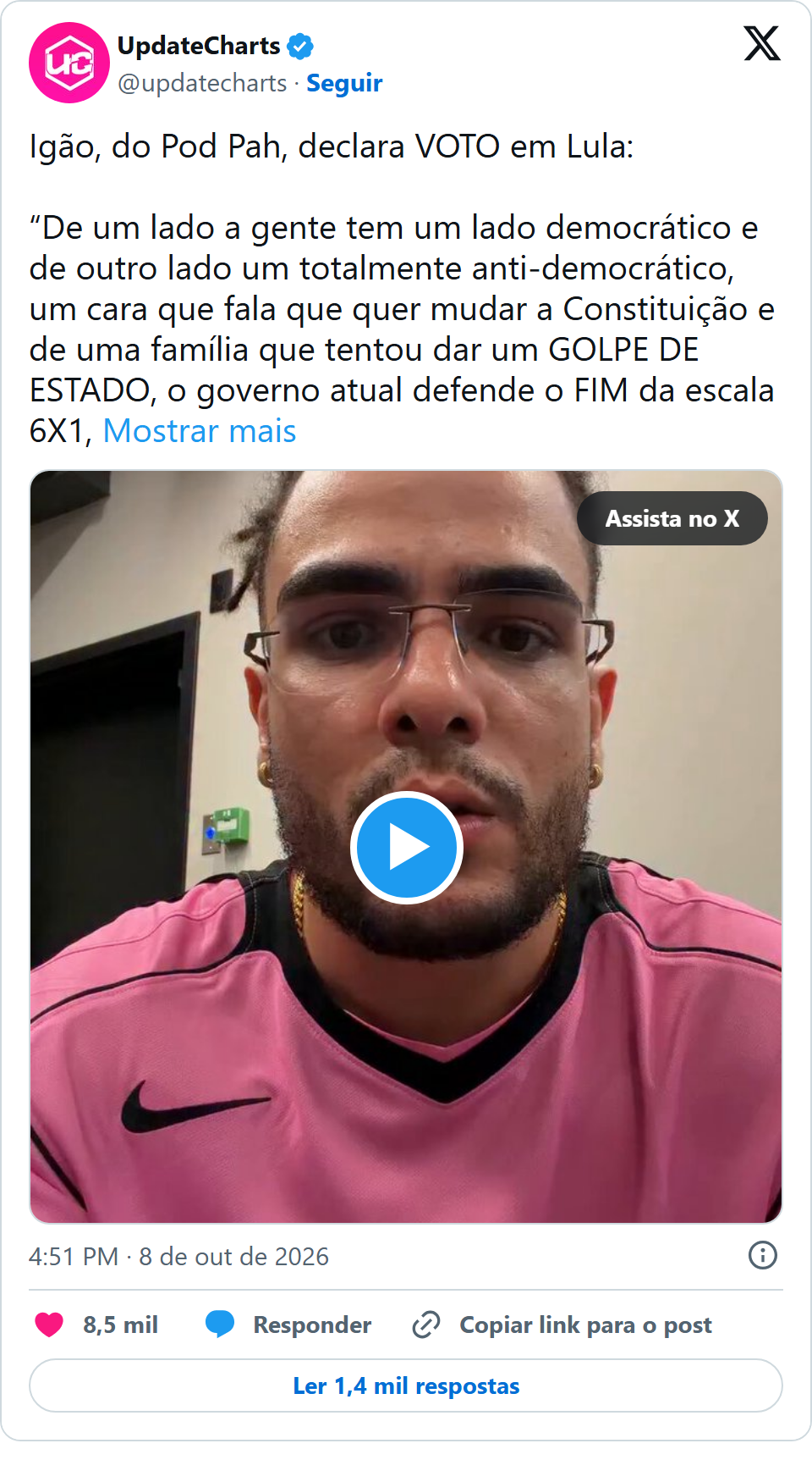 Print arquivado do post de Igão em 08/10/2026
