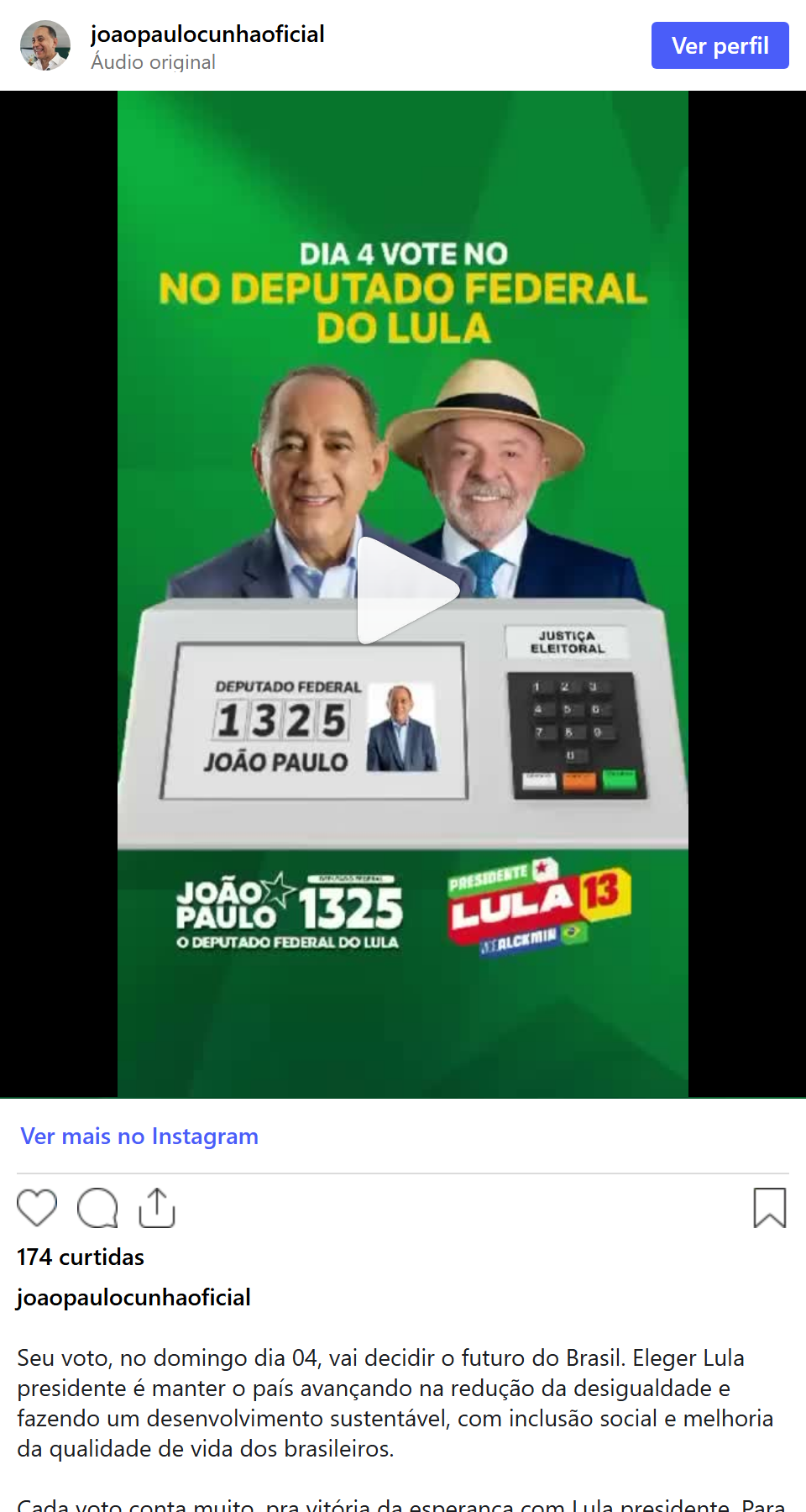 Print arquivado do post de Joao Paulo Cunha em 02/10/2026