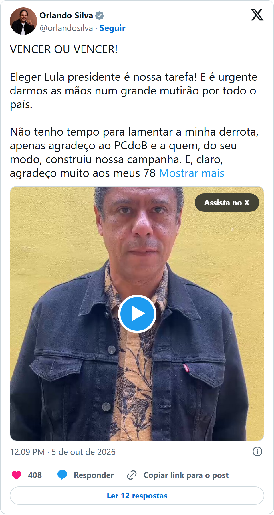Print arquivado do post de Orlando Silva em 05/10/2026