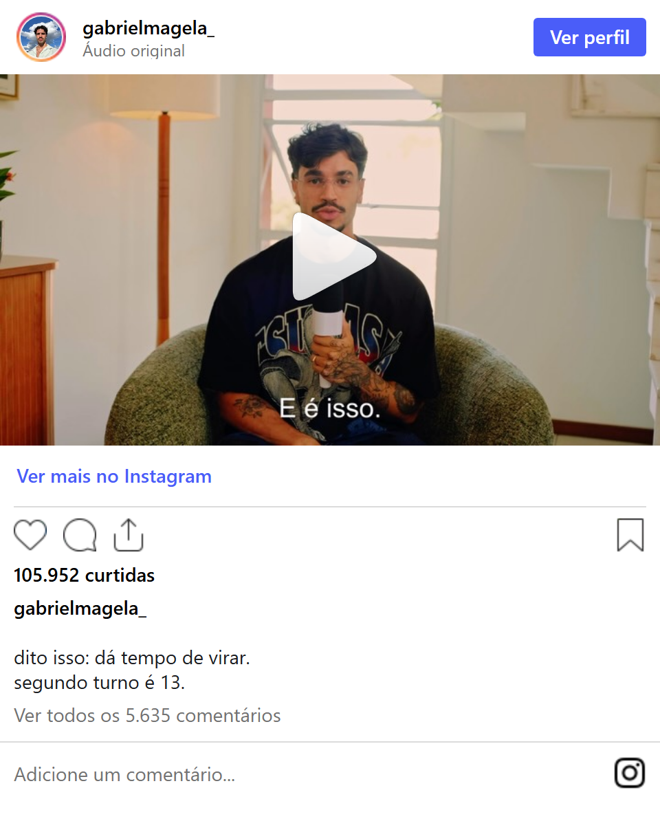 Print arquivado do post de Gabriel Magela em 07/10/2026