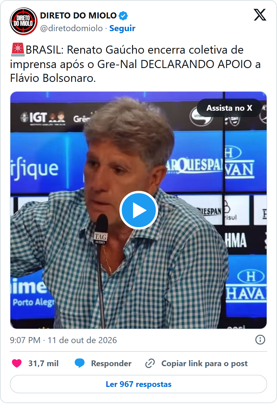 Print arquivado do post de Renato Gaúcho em 11/10/2026