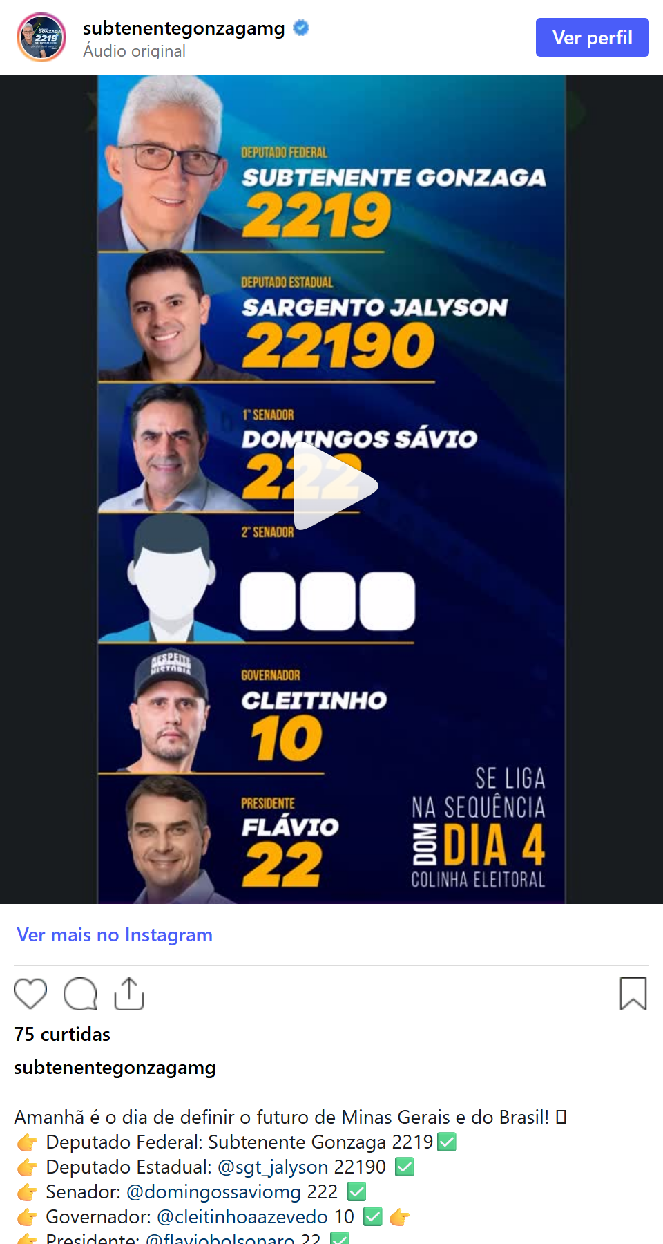 Print arquivado do post de Subtenente Gonzaga em 03/10/2026