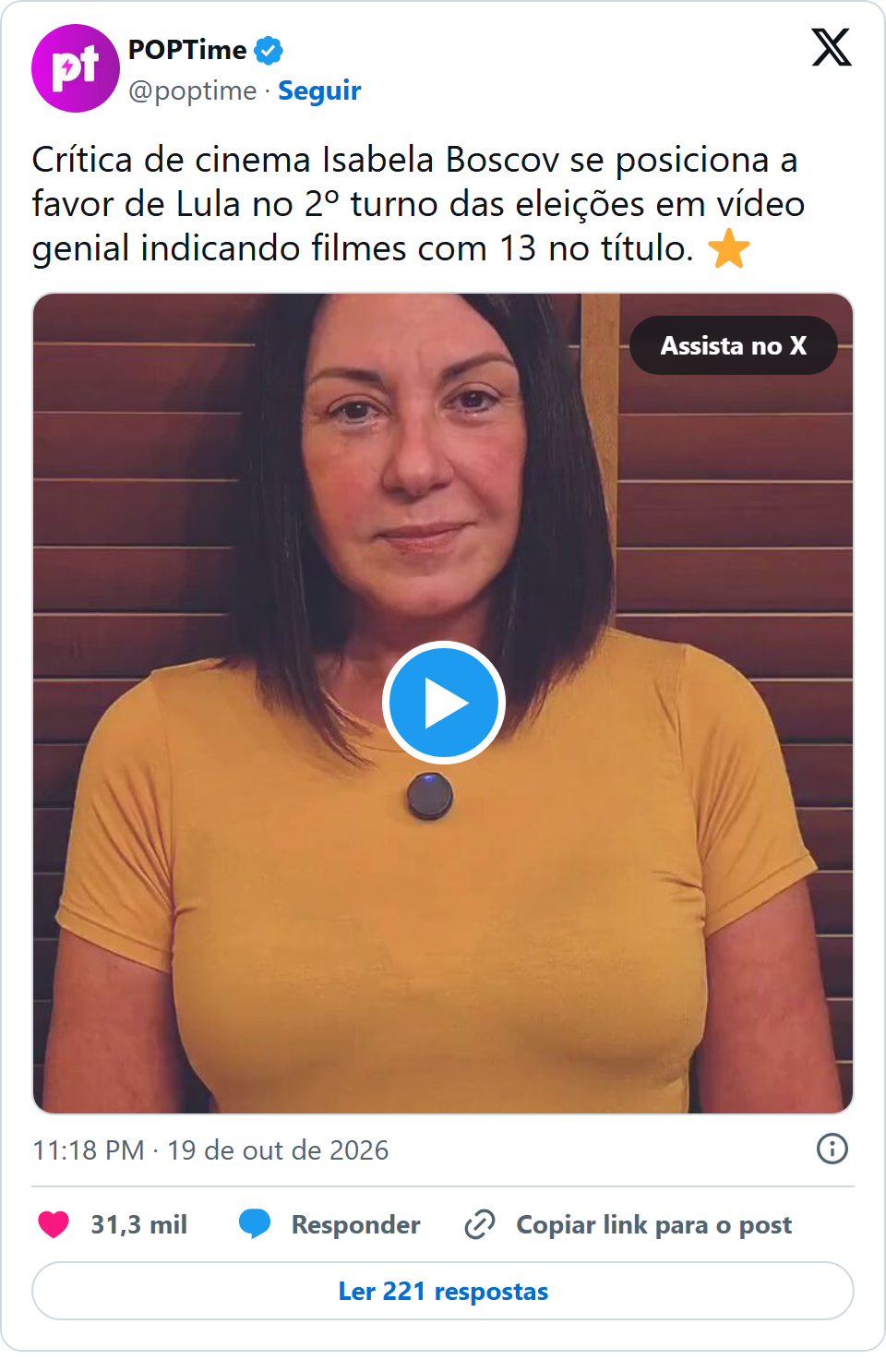 Print arquivado do post de Isabela Boscov em 19/10/2026