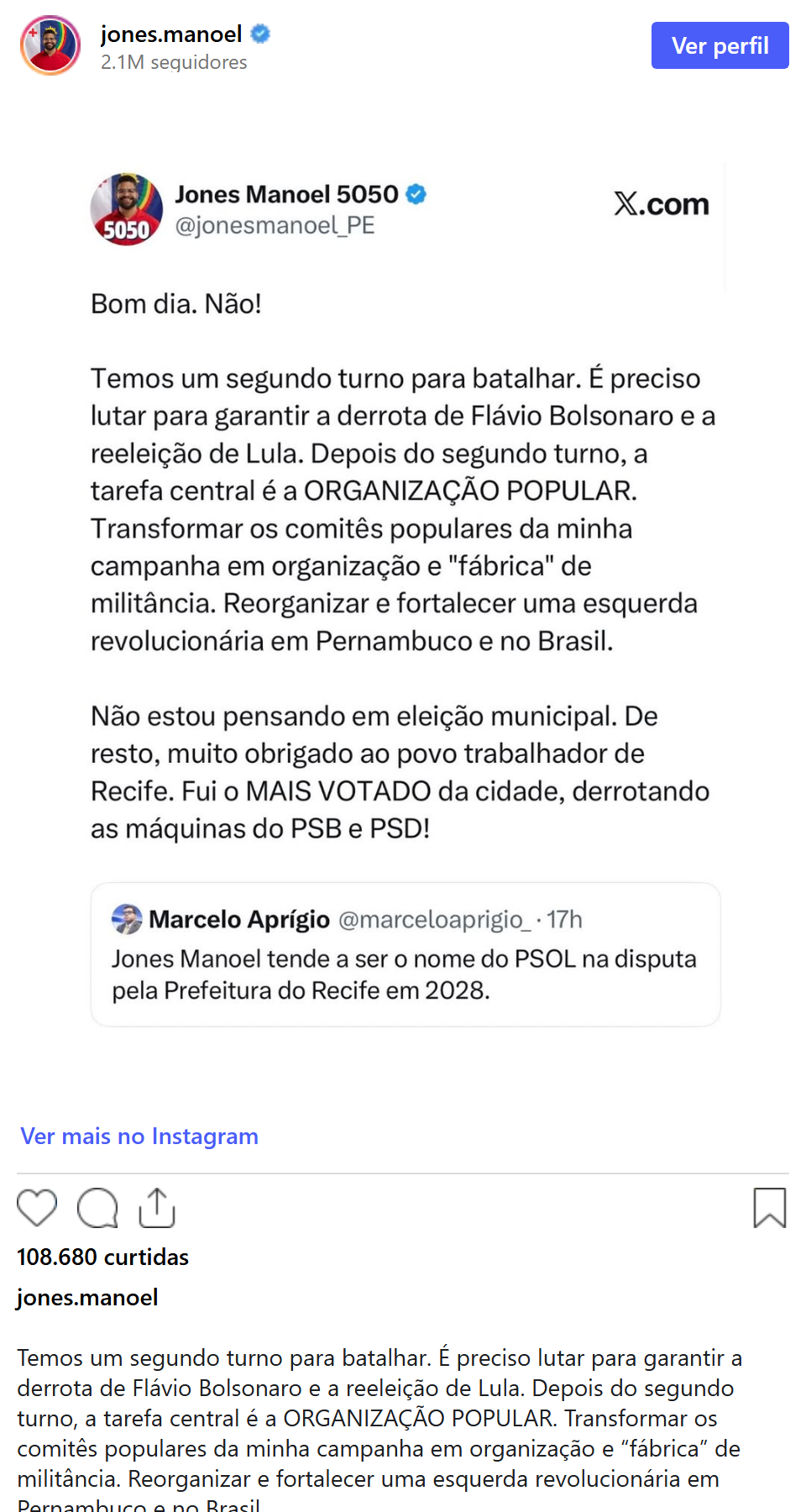 Print arquivado do post de Jones Manoel em 05/10/2026
