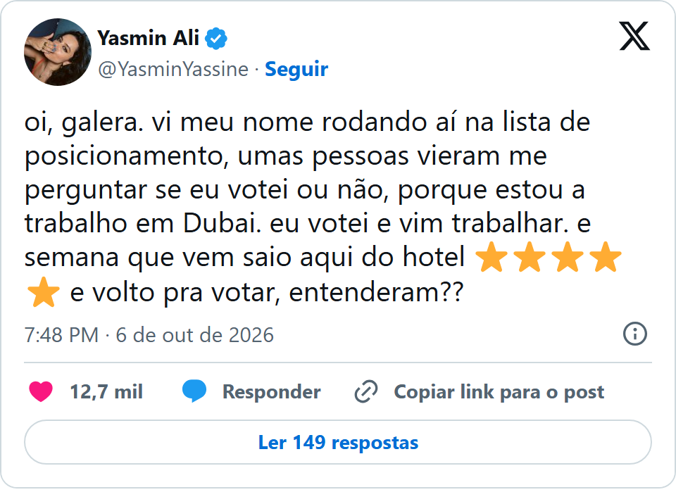 Print arquivado do post de Yasmin Yassine em 06/10/2026