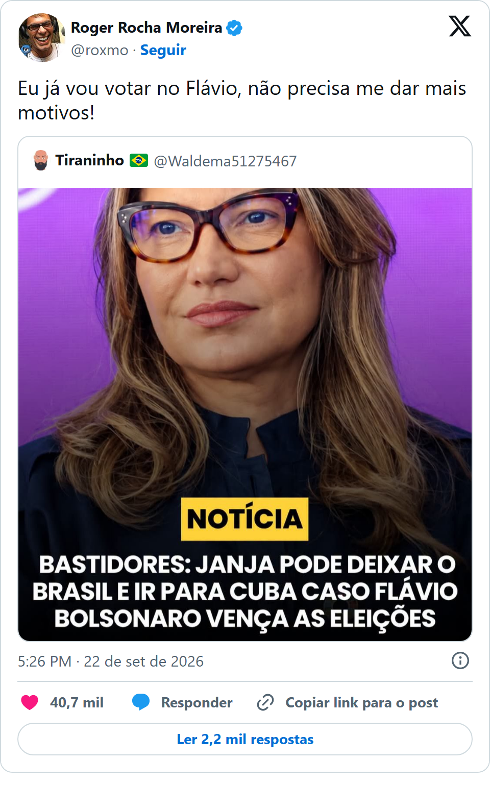 Print arquivado do post de Roger Rocha Moreira em 22/09/2026