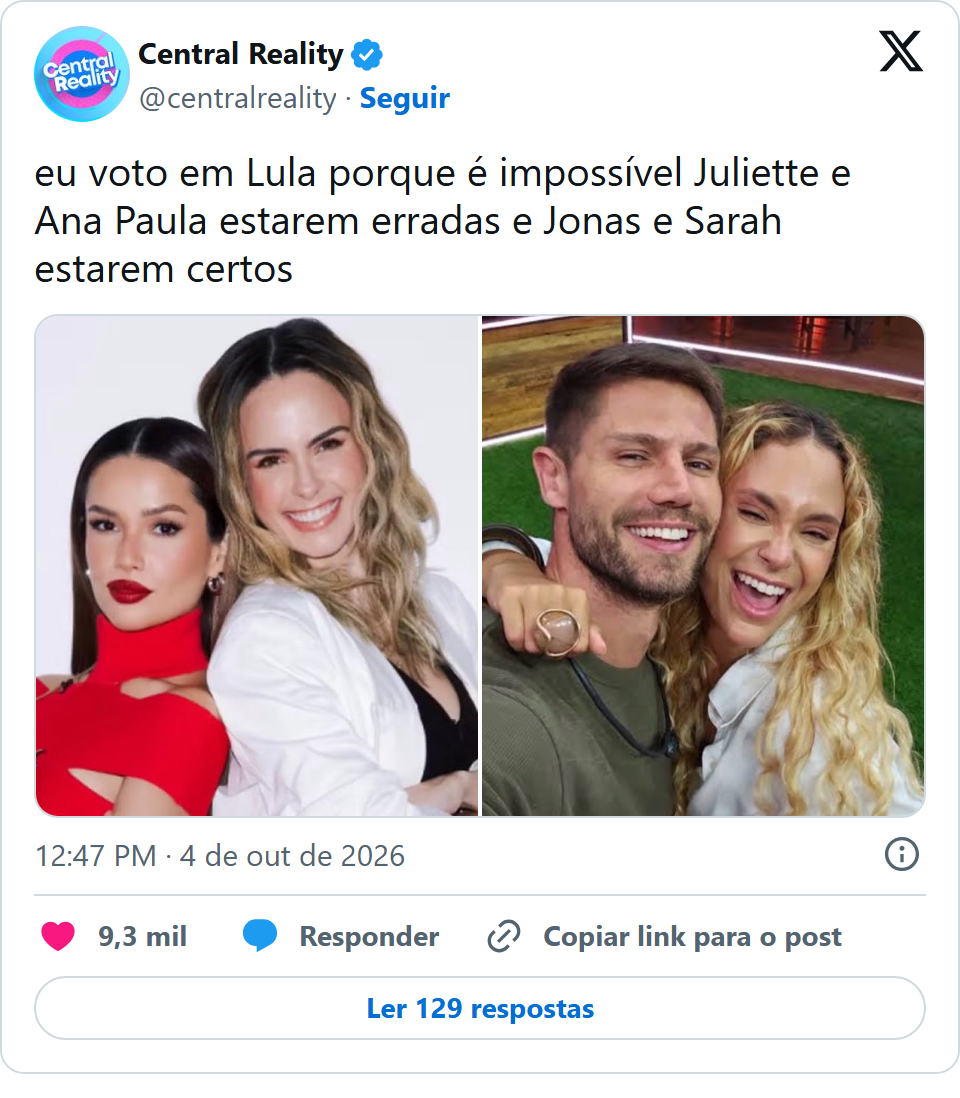 Print arquivado do post de Central Reality em 04/10/2026