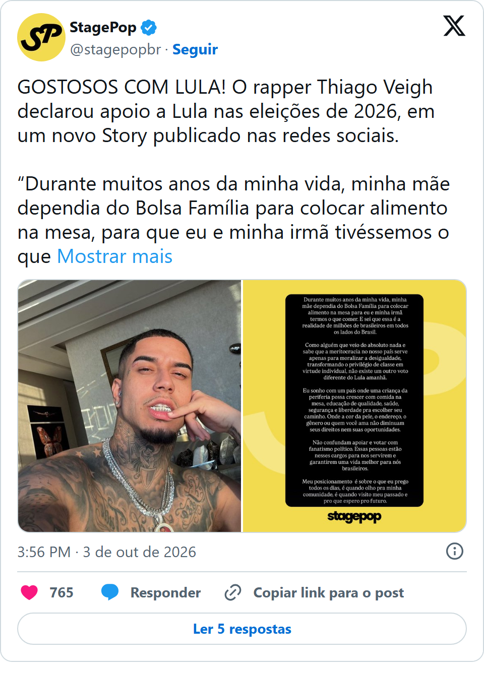 Print arquivado do post de Thiago Veigh em 03/10/2026