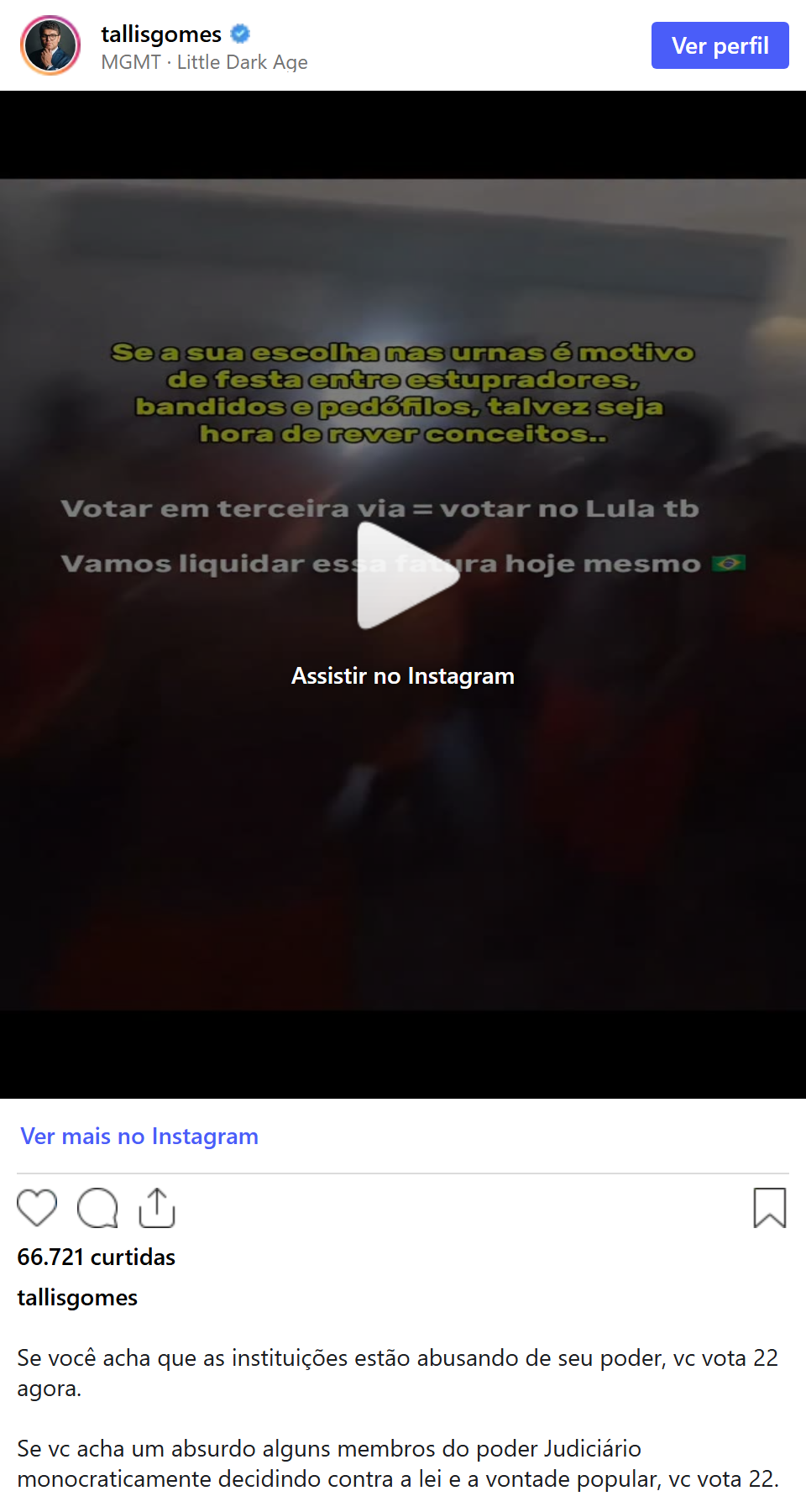 Print arquivado do post de Tallis Gomes em 04/10/2026