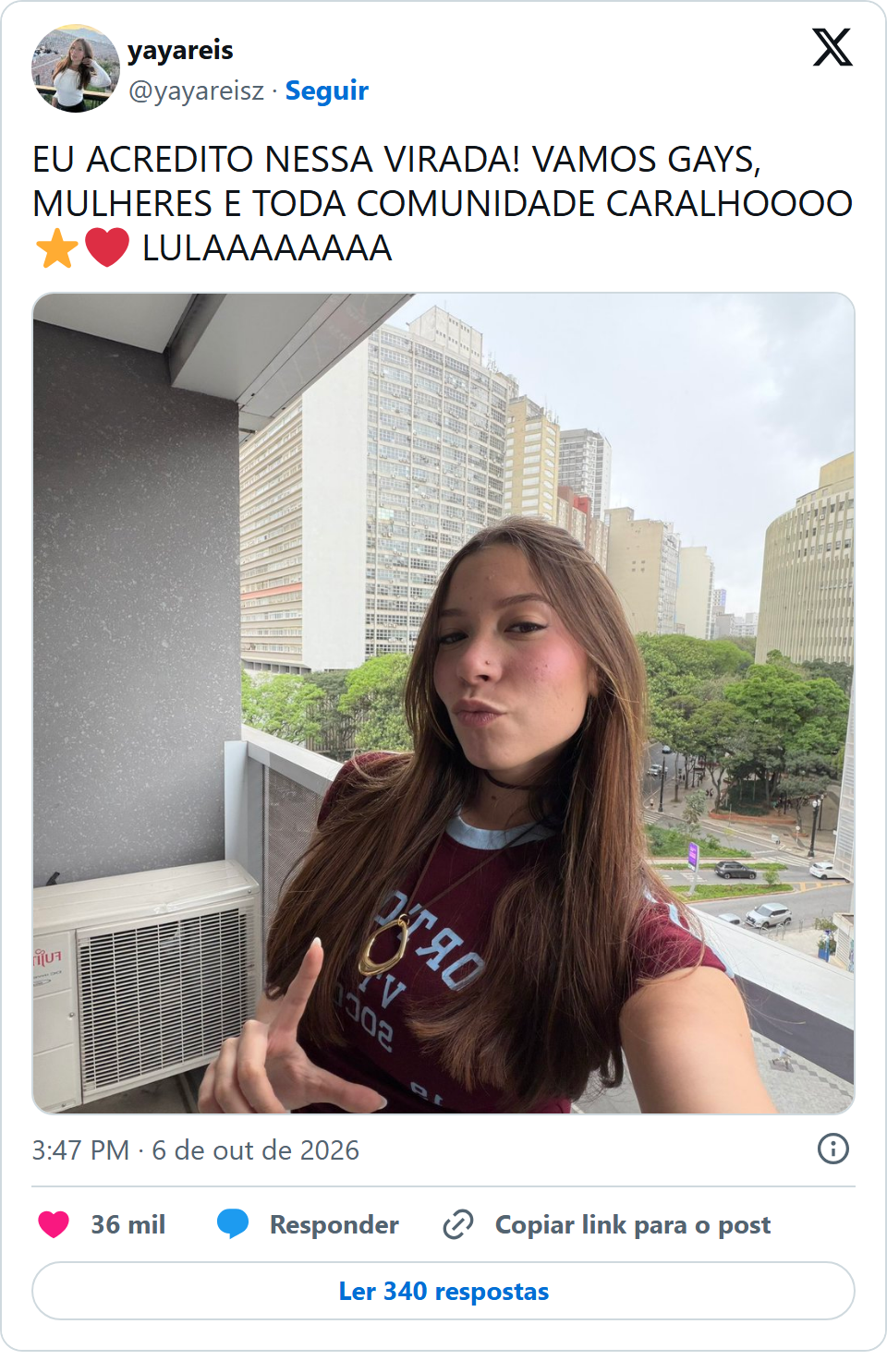 Print arquivado do post de Yasmin Reis em 06/10/2026