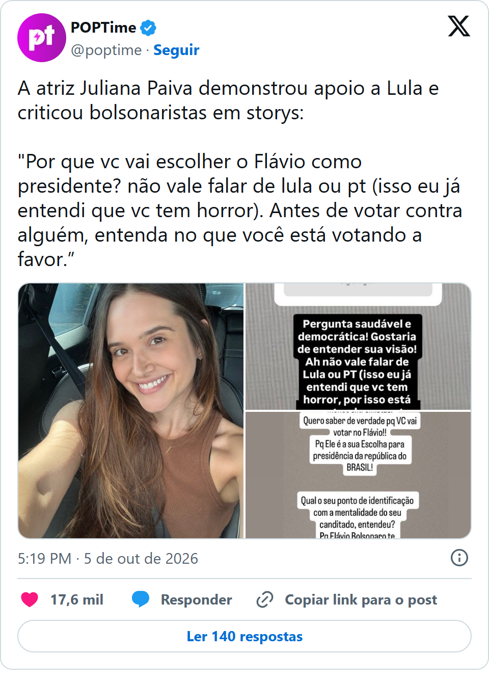 Print arquivado do post de Juliana Paiva em 05/10/2026