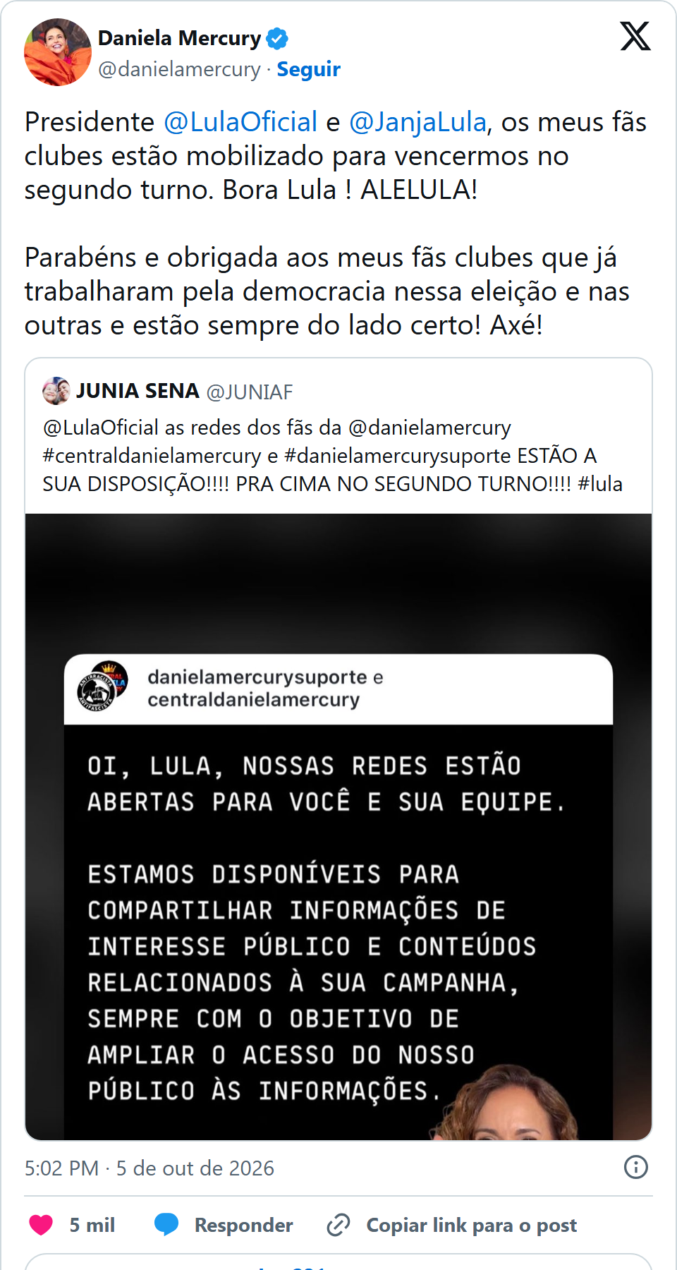 Print arquivado do post de Daniela Mercury em 05/10/2026