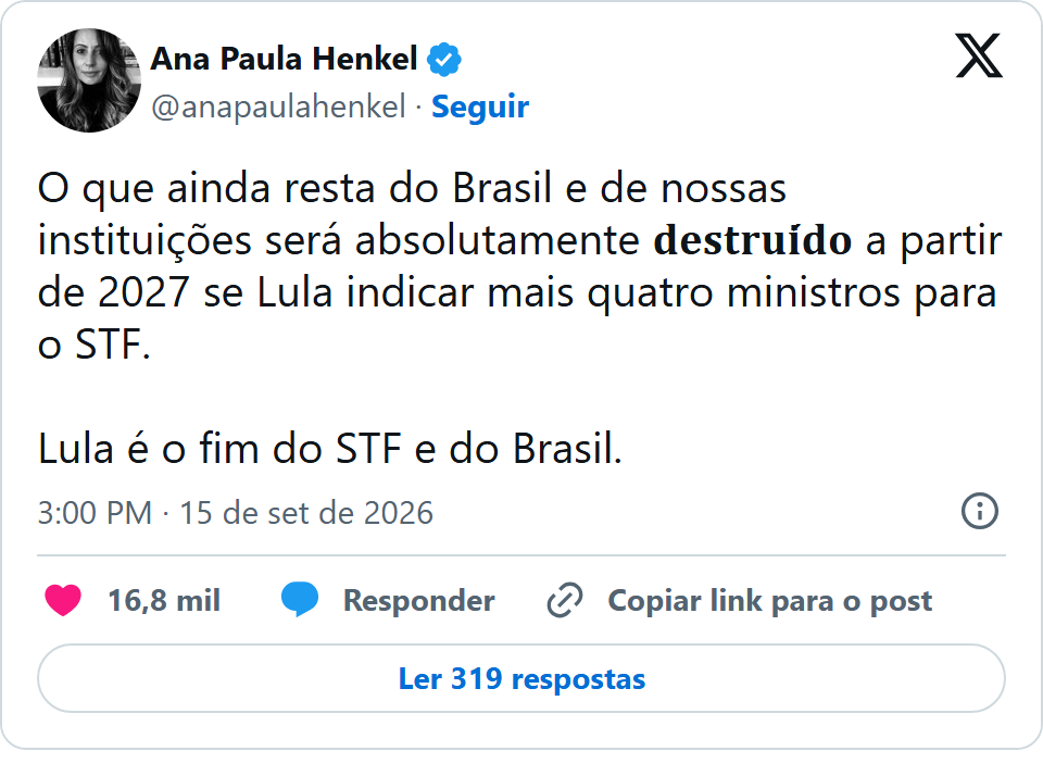 Print arquivado do post de Ana Paula Henkel em 15/09/2026