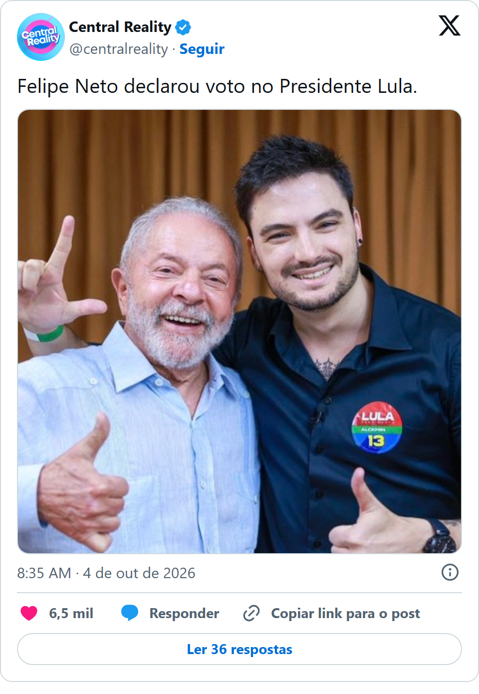Print arquivado do post de Felipe Neto em 04/10/2026