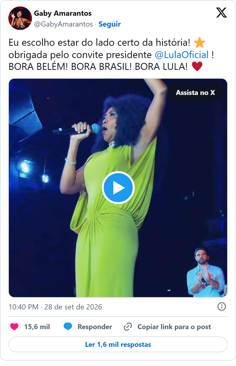 Print arquivado do post de Gaby Amarantos em 28/09/2026