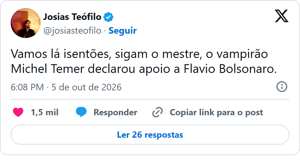 Print arquivado do post de Josias Teófilo em 05/10/2026