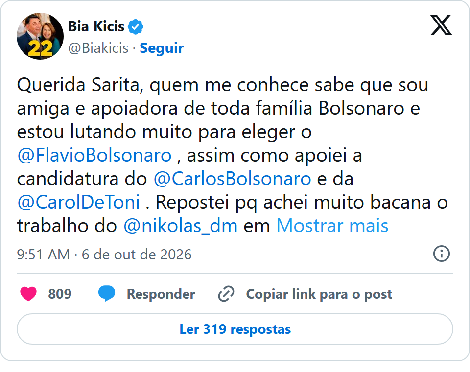 Print arquivado do post de Bia Kicis em 06/10/2026