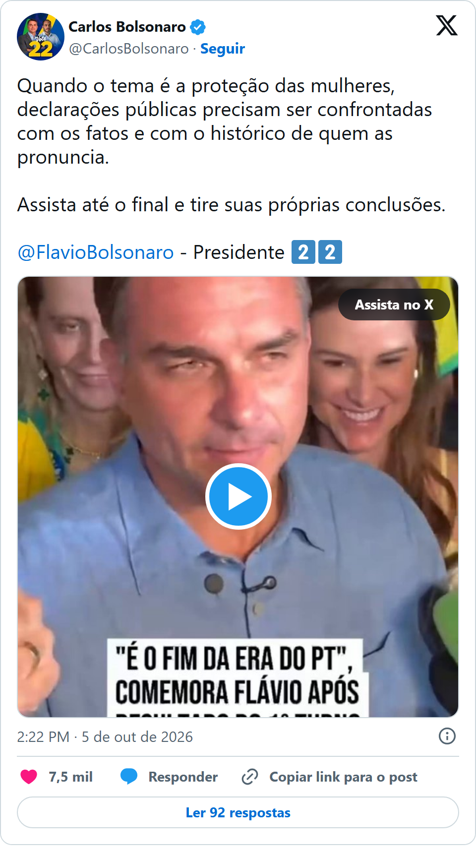 Print arquivado do post de Carlos Bolsonaro em 05/10/2026