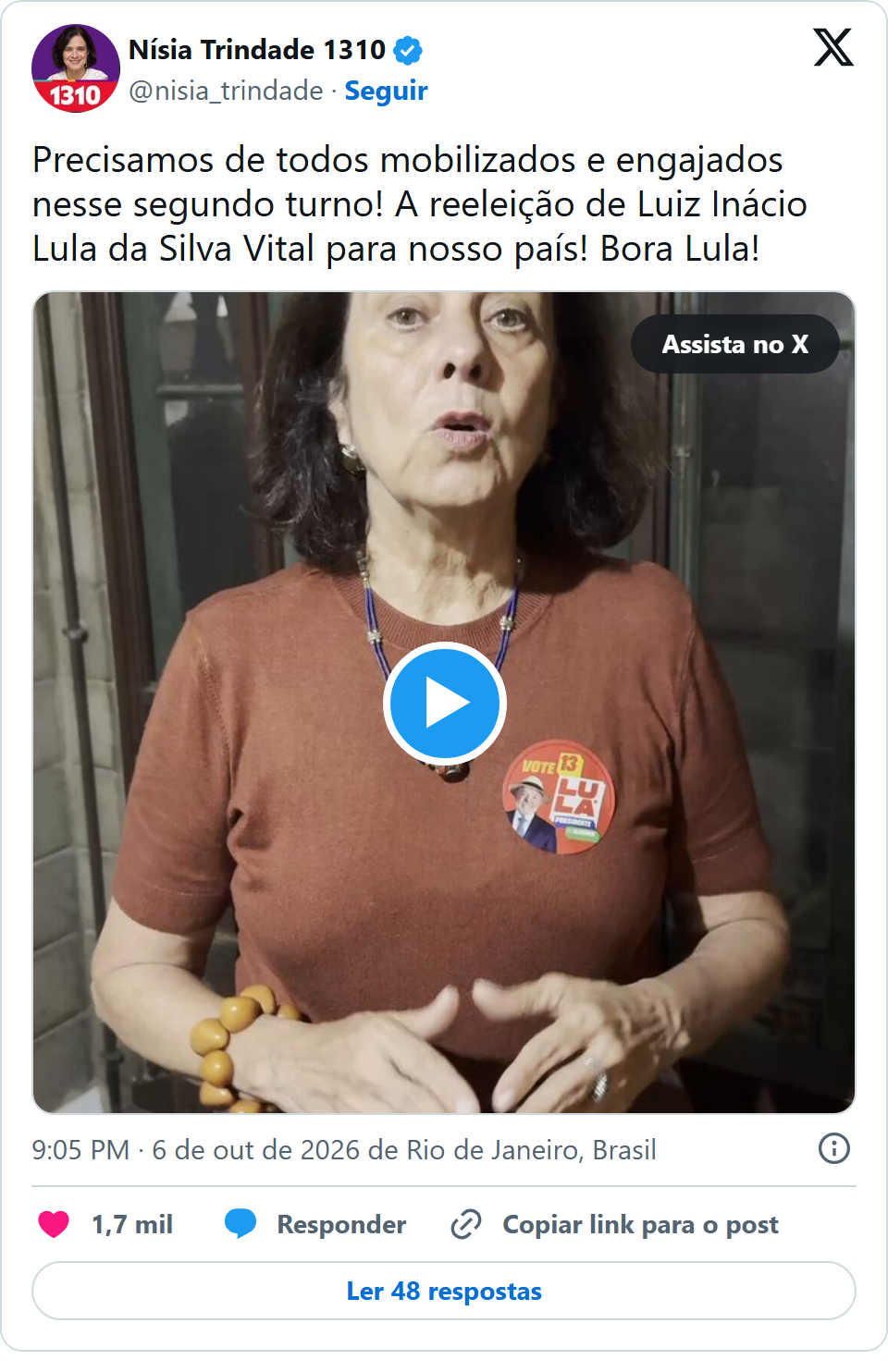 Print arquivado do post de Nísia Trindade em 06/10/2026