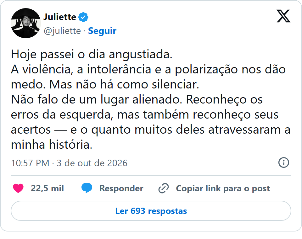 Print arquivado do post de Juliette em 03/10/2026