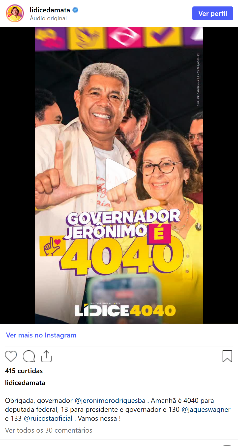 Print arquivado do post de Lídice da Mata em 03/10/2026