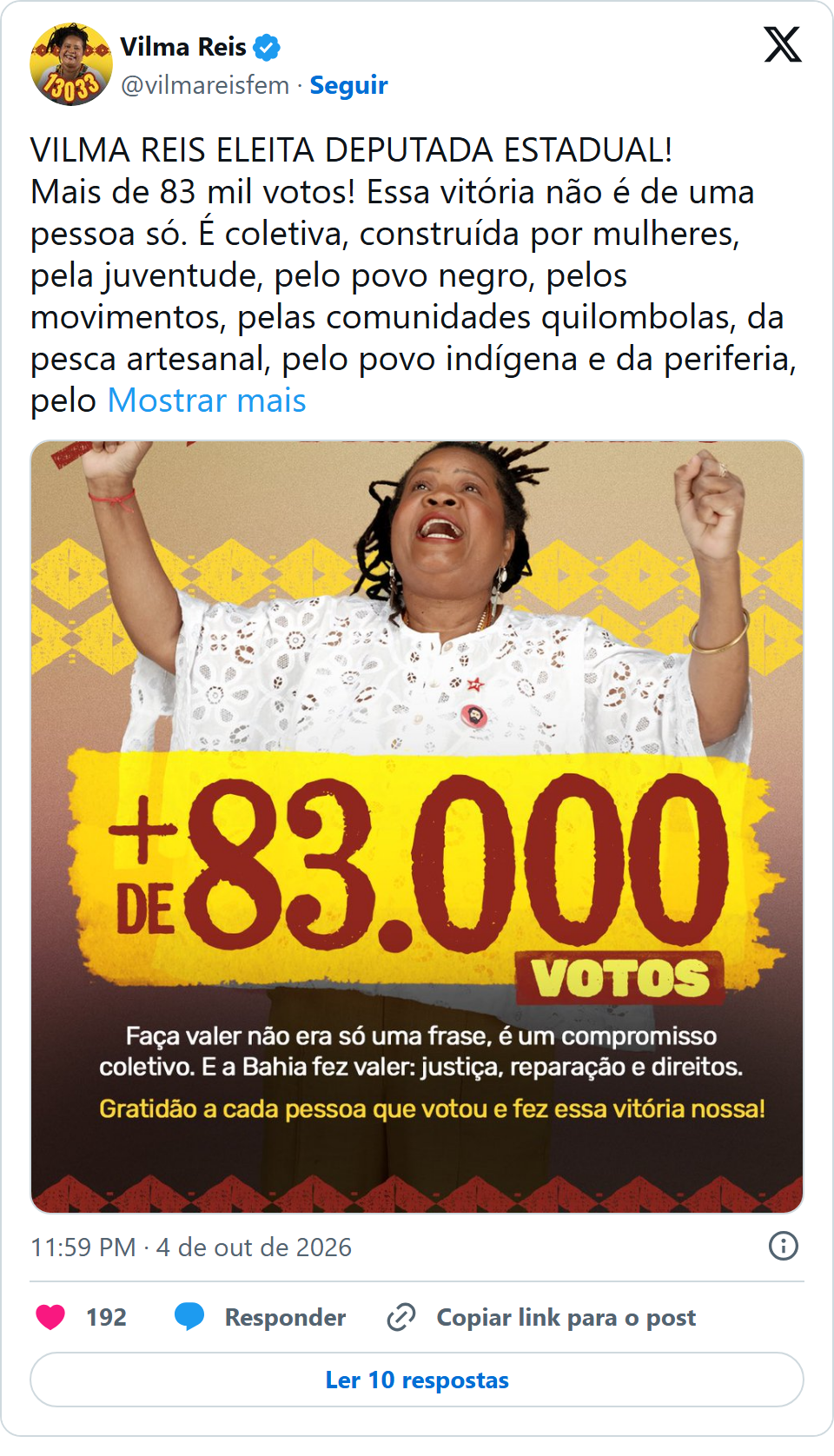Print arquivado do post de Vilma Reis em 04/10/2026