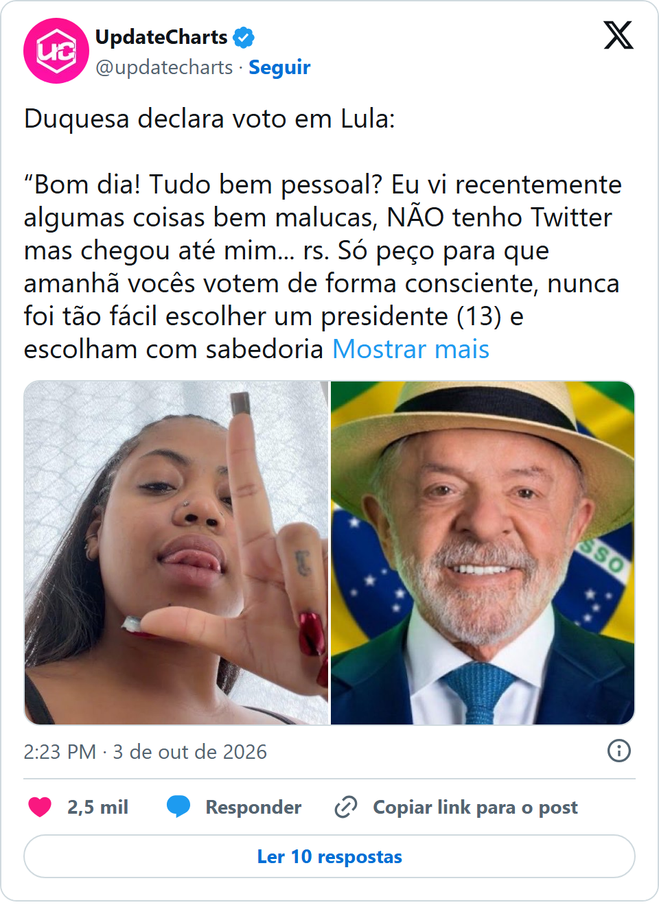 Print arquivado do post de DUQUESA 🍒 em 03/10/2026