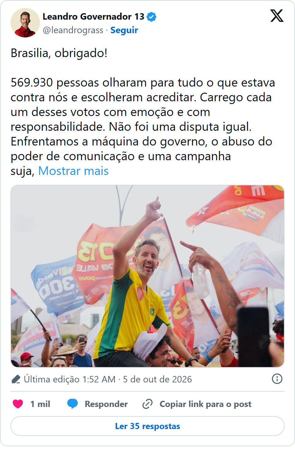 Print arquivado do post de Leandro Grass em 05/10/2026