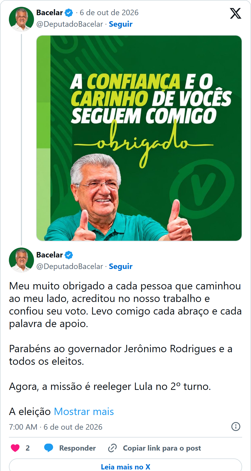 Print arquivado do post de Bacelar em 06/10/2026