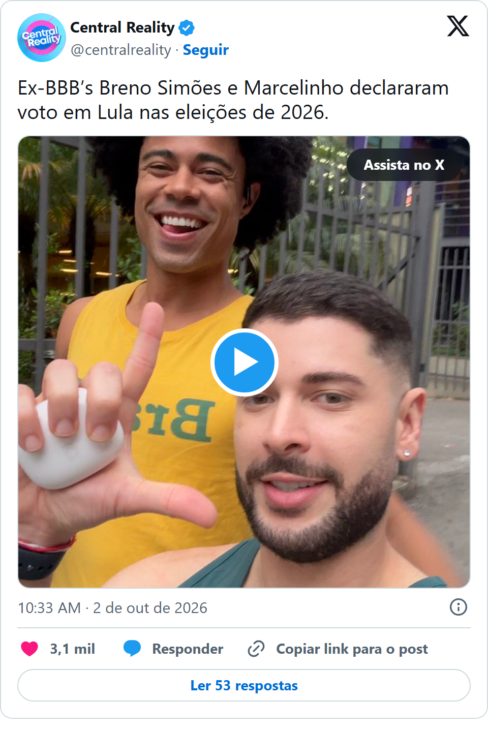 Print arquivado do post de Breno Simões em 02/10/2026