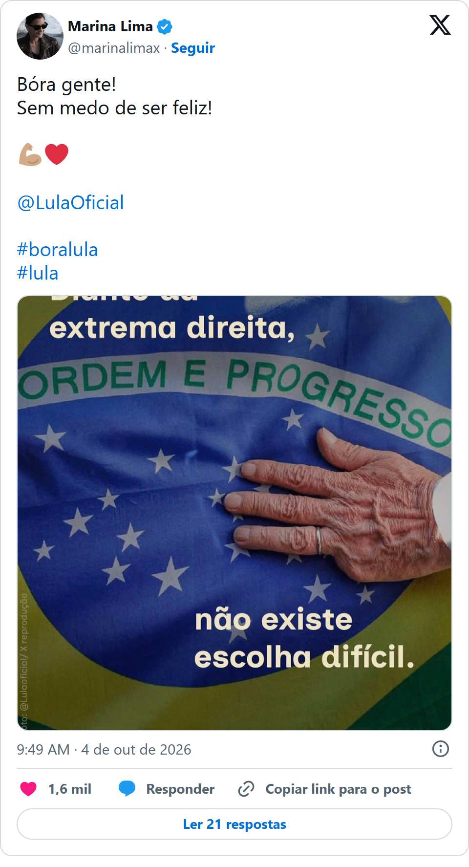 Print arquivado do post de Marina Lima em 04/10/2026