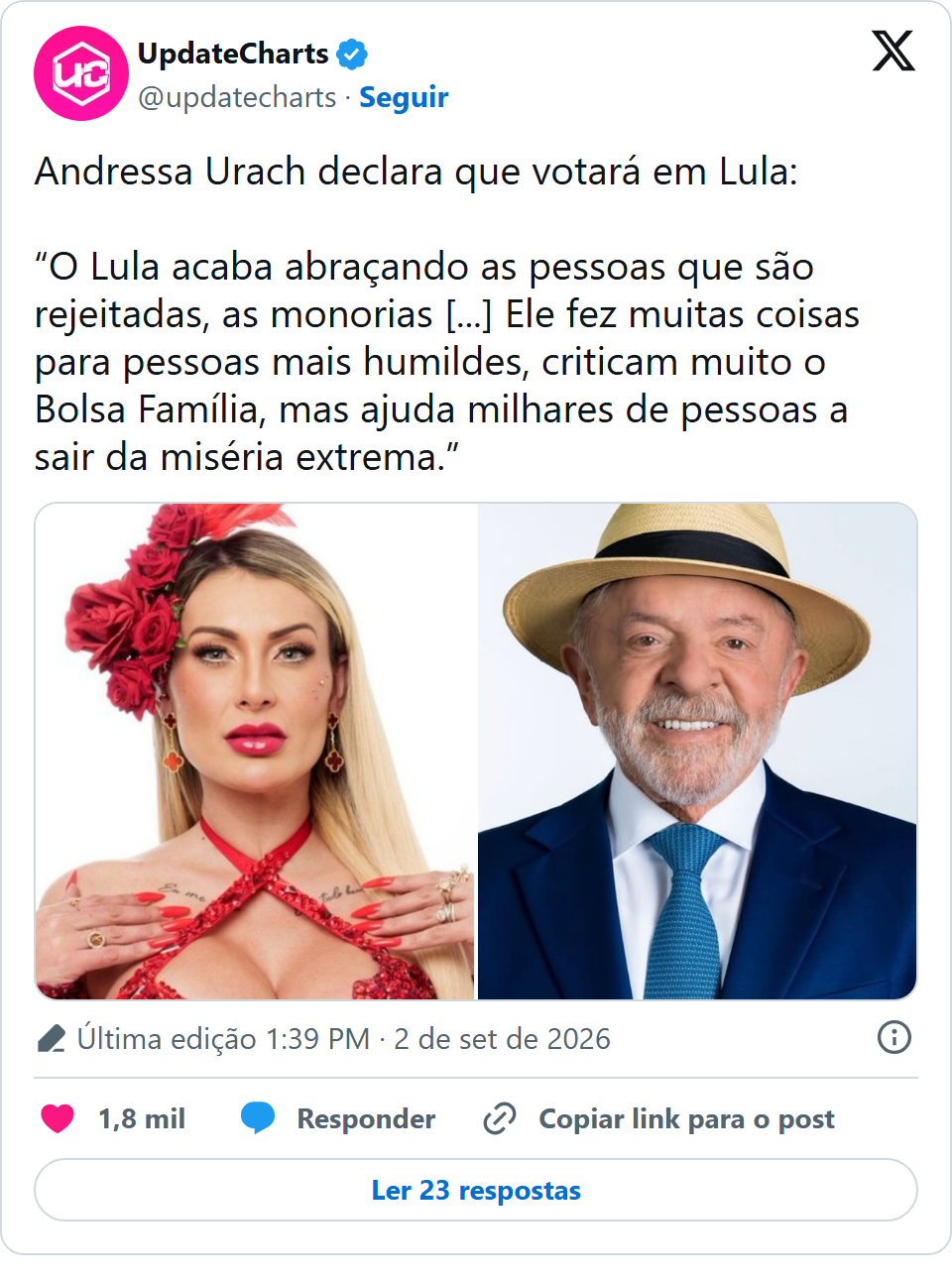 Print arquivado do post de Andressa Urach em 02/09/2026