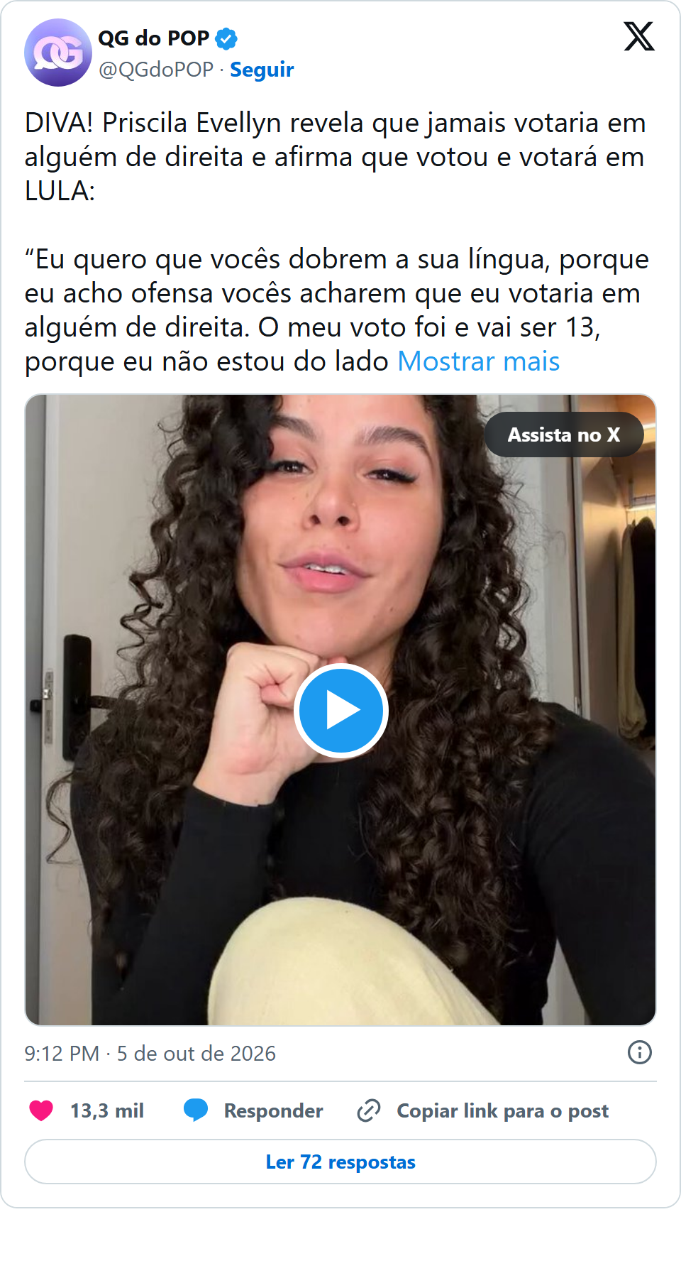 Print arquivado do post de Priscila Evellyn em 05/10/2026