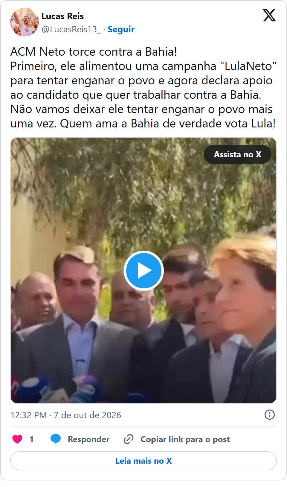 Print arquivado do post de Lucas Reis em 07/10/2026