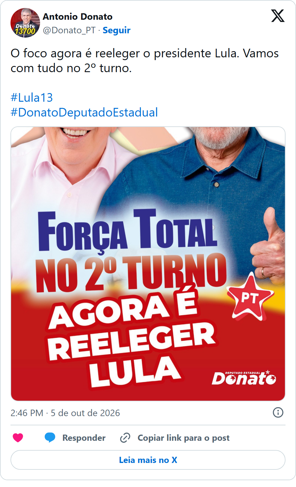 Print arquivado do post de Donato (PT-SP) em 05/10/2026