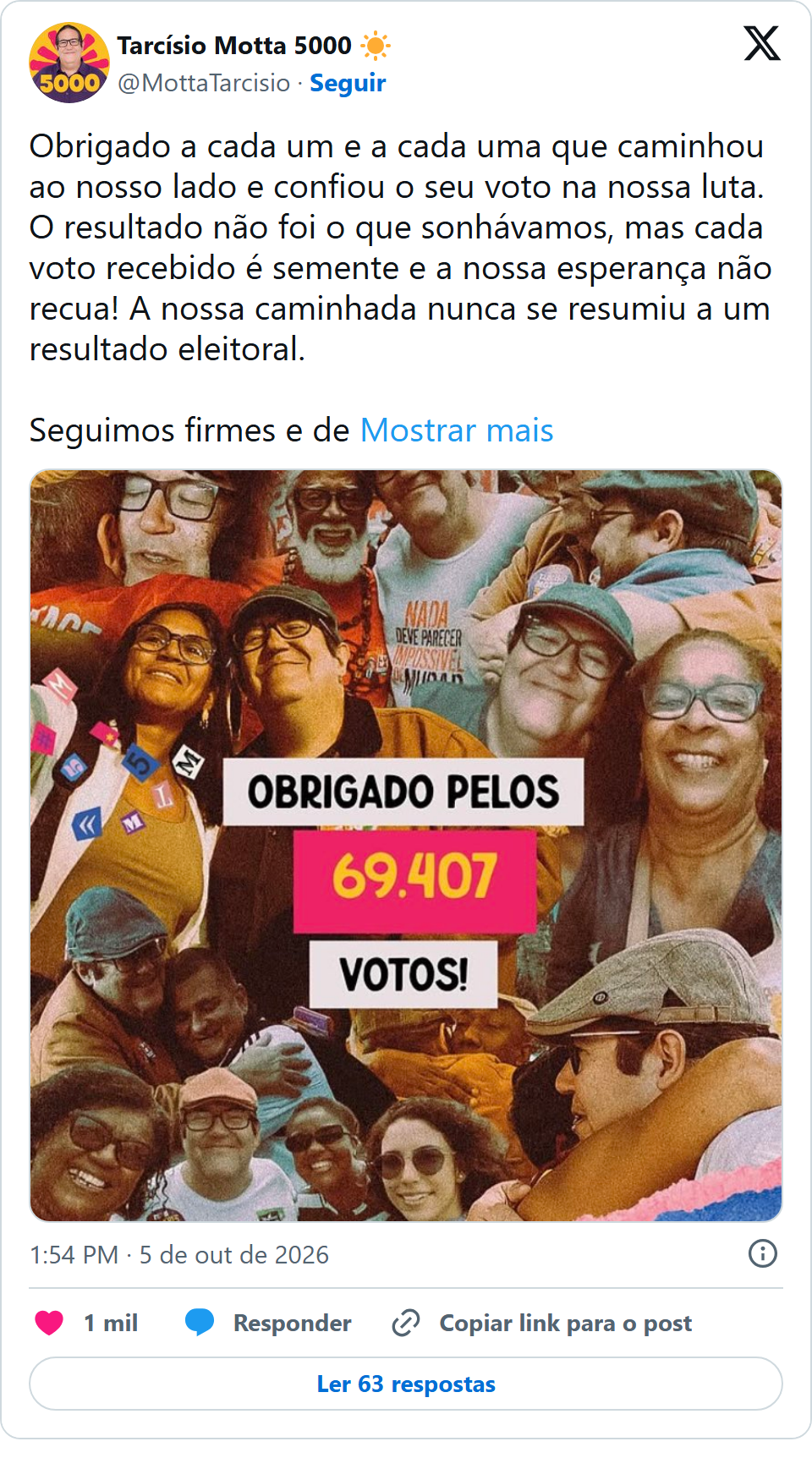 Print arquivado do post de Tarcísio Motta em 05/10/2026