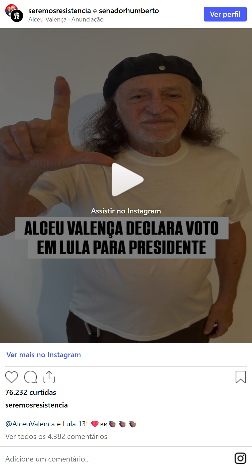 Print arquivado do post de Alceu Valença em 03/10/2026