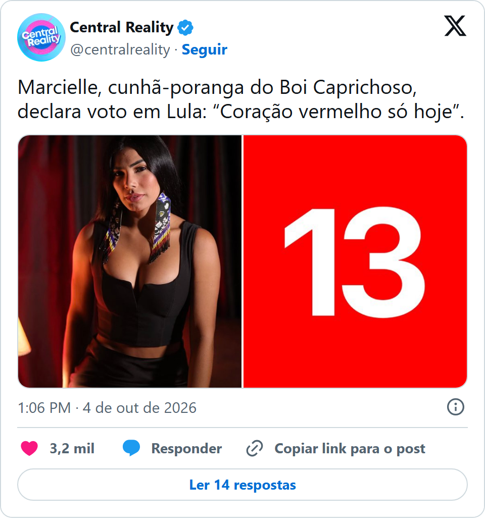 Print arquivado do post de Marcielle (cunhã-poranga do Boi Caprichoso) em 04/10/2026