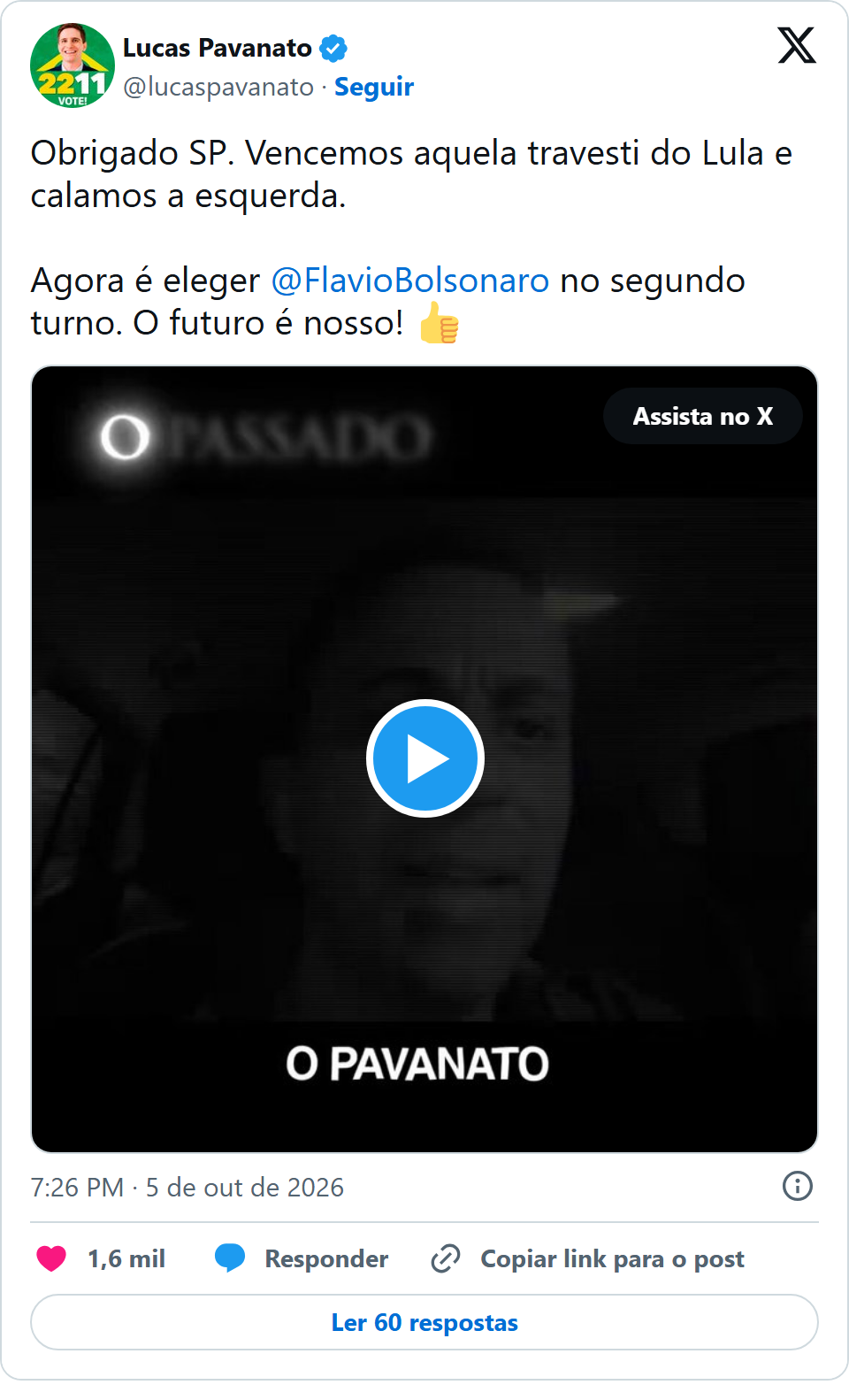Print arquivado do post de Lucas Pavanato em 05/10/2026