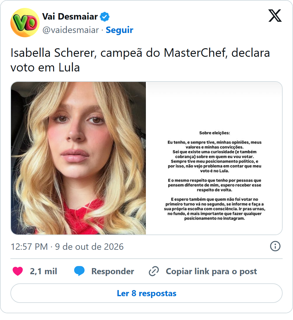Print arquivado do post de Isa Scherer em 09/10/2026