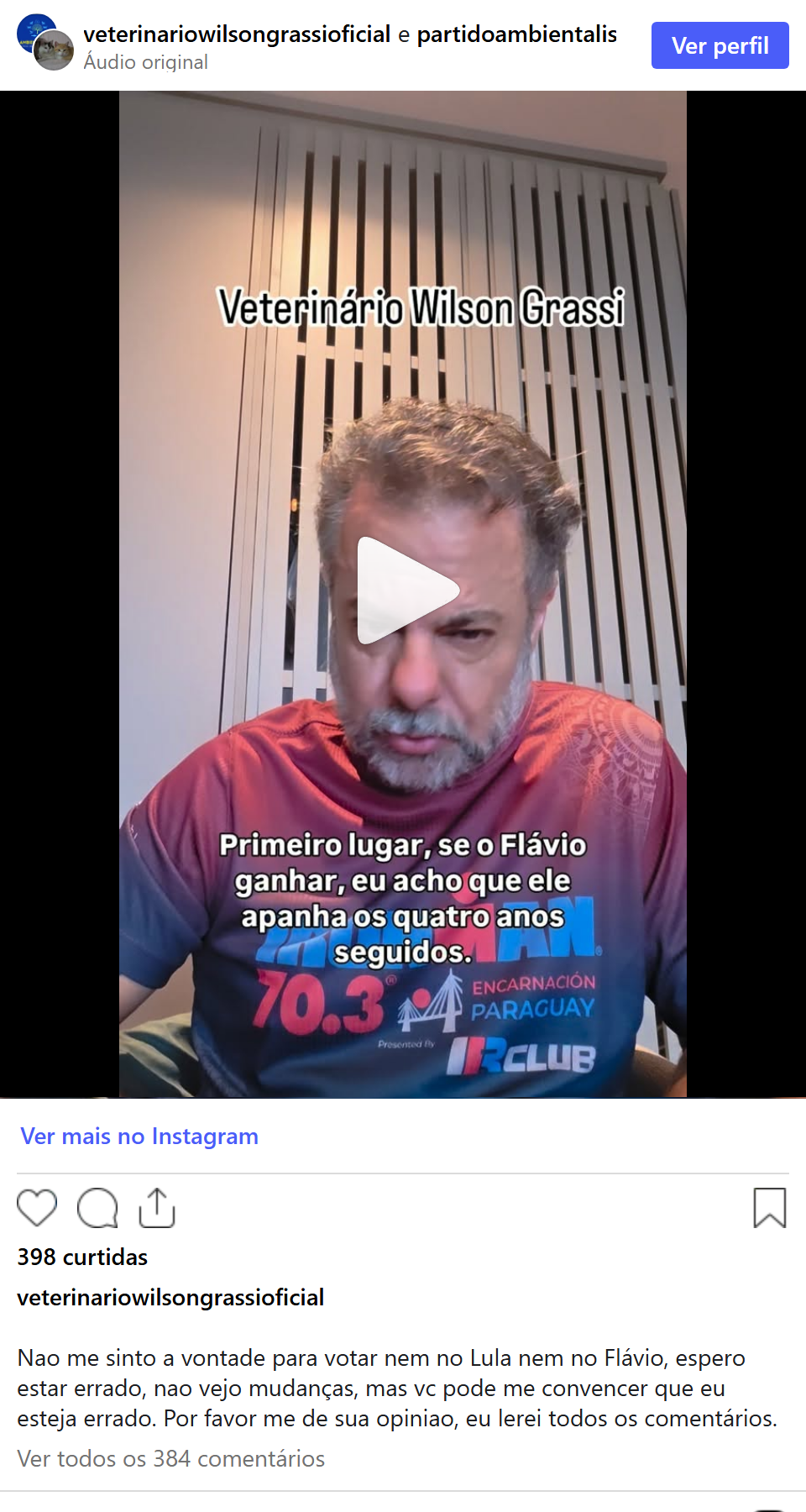 Print arquivado do post de Wilson Grassi em 10/10/2026