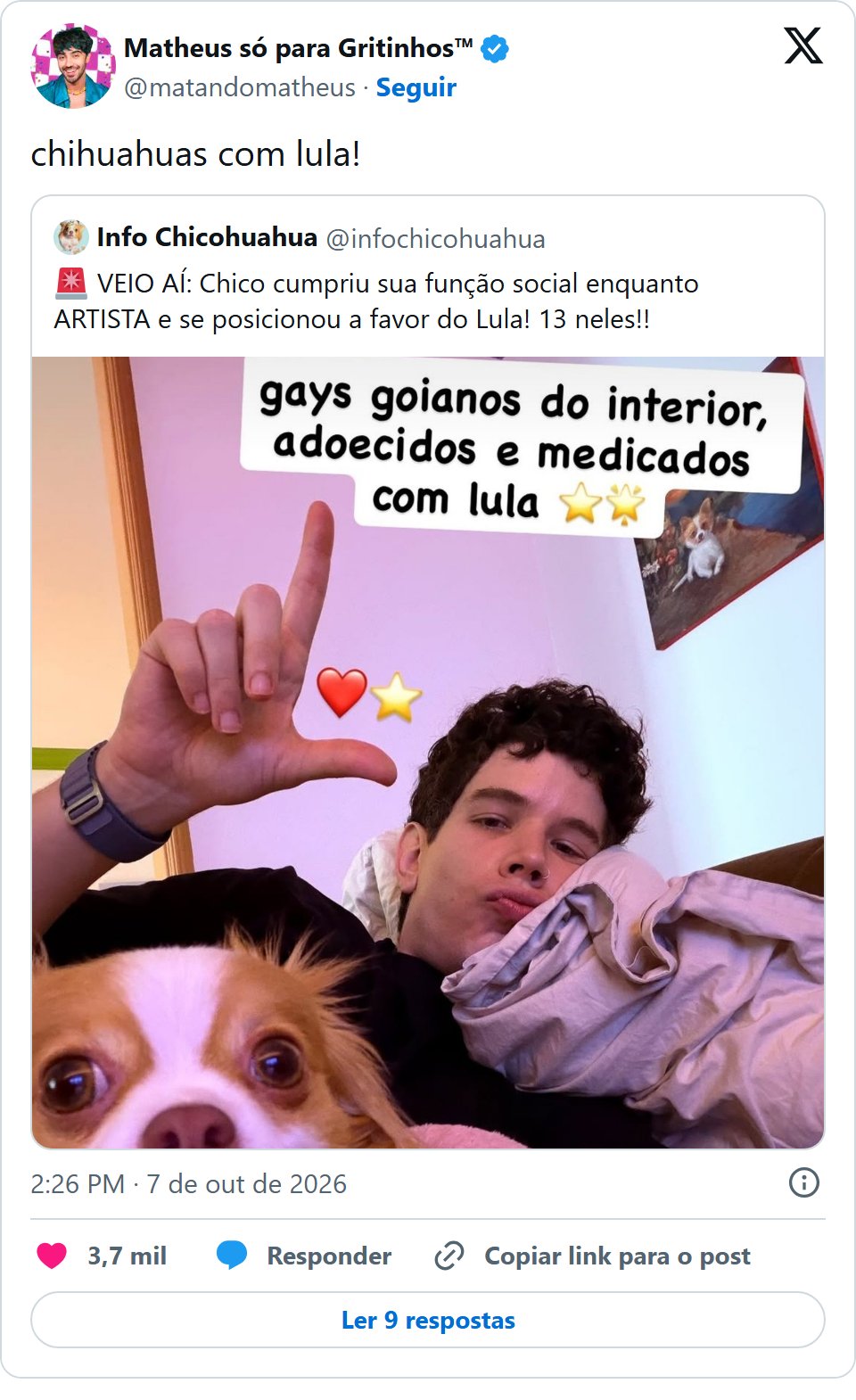 Print arquivado do post de Matheus Marx (Matando Matheus a Grito) em 07/10/2026